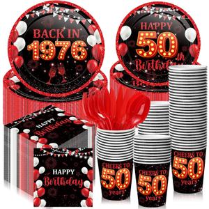 240 Pcs 50th Birthday Decorations 1976 Birthday Party Tableware Include Plates Napkins 9oz Cups Cutlery 50th Anniversary Party Supplies for Men Women Him Her, Serve 30 Guests (Black Red)