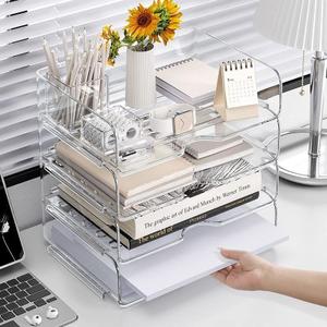 JOSUCLEN Paper Organizer, Acrylic Desk Organizer and Storage Office, Set of 4 File Organizer for Desk, Stackable Paper Tray (Style 2)