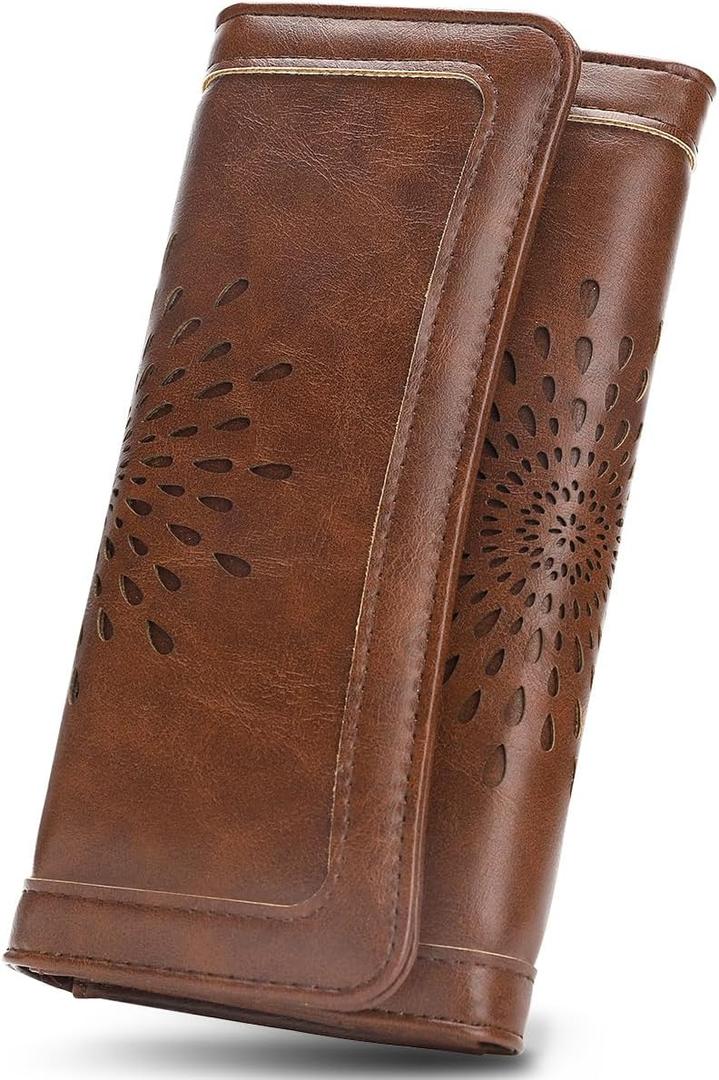 APHISON Womens Wallets RFID Blocking Leather Clutch Long Wallet for Women Card Holder Phone Organizer Ladies Travel Purse Hollow Out Sunflower Design Gift (Coffee)