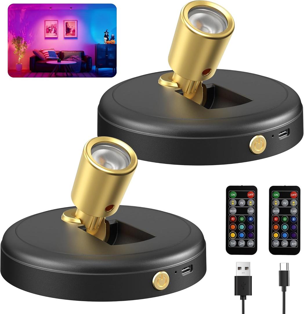 Spot Lights Indoor RGB Spotlight: Rechargeable Color Changing Wireless Uplights Indoor - Plants Tree Artwork Model Picture Display Accent Lighting for Home Decor Homeowners (2 Pack (RGB))