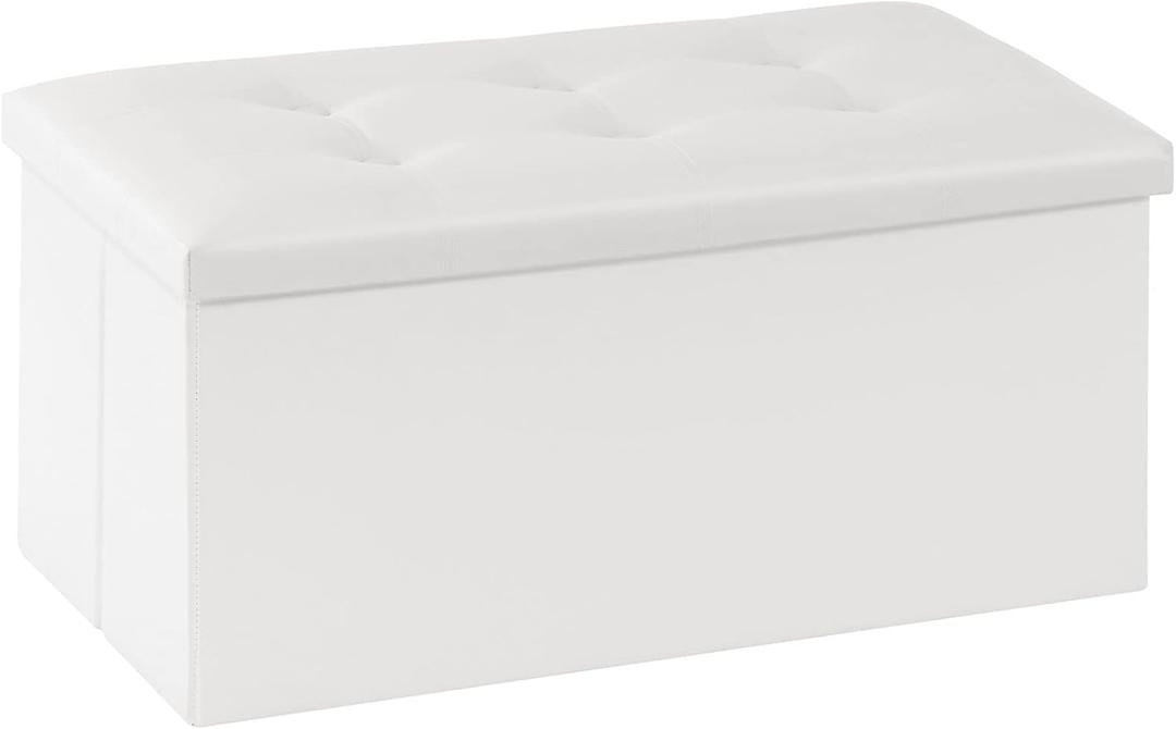 Youdesure White Folding Storage Ottoman Bench, Faux Leather Footrest for Living Room, Ottoman with Storage Padded Seat for Bedroom, Holds up to 350lbs, 30 inches
