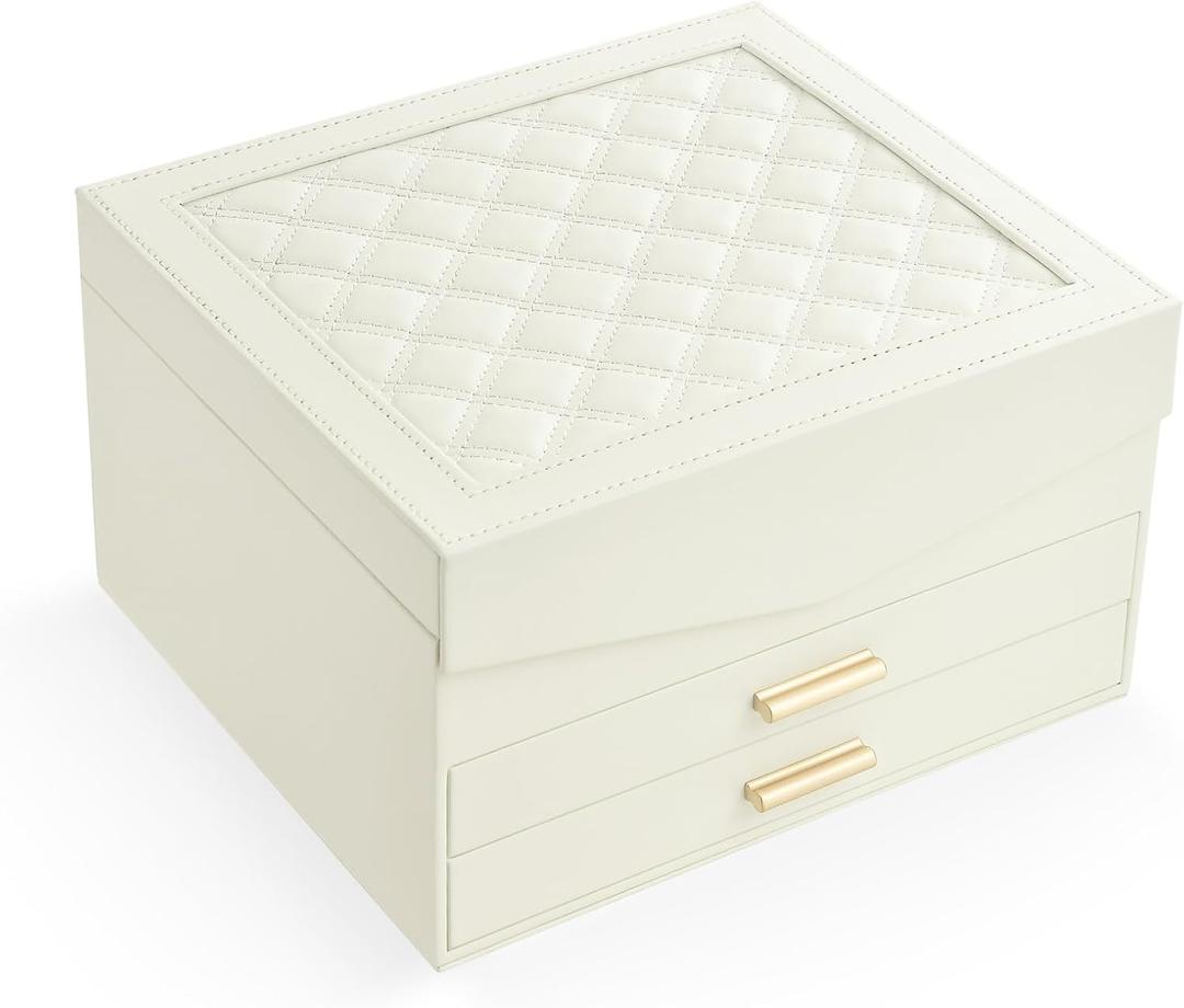 Amearea Jewelry Box Organizer for Women Girls with Mirror, 3-Layer Large Jewelry Storage Case, Synthetic Leather Jewelry Holder Organizer with Removable Tray for Necklaces Earrings Rings, White