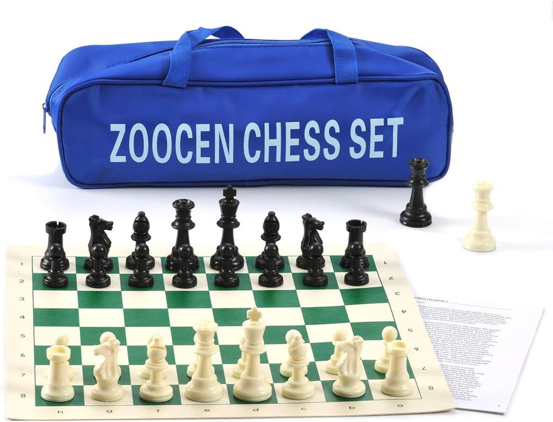 Chess Set - Plastic Chess Pieces and Green Roll-Up Vinyl Chess Board Foldable Chess Game (with Extra Queen)