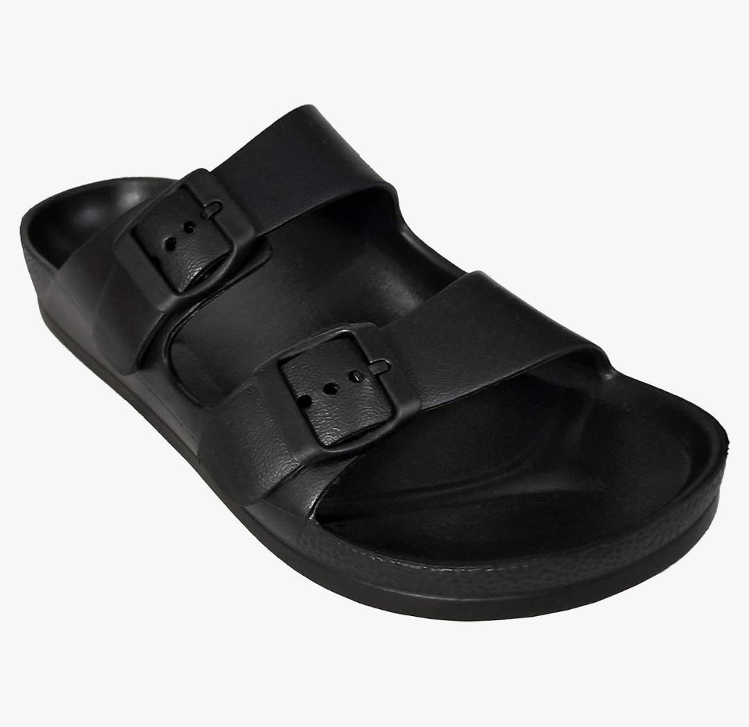 H2K Women's Lightweight Comfort Soft Slides EVA Adjustable Double Buckle Flat Sandals Buddy, Black, 5