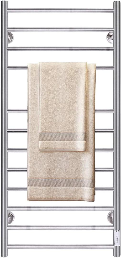 JSLOVE Towel Warmer Wall Mounted Heated Towel Racks with Built-in Timer, Plug-in/Hardwired Stainless Steel Hot Towel Rack, Heated Drying Rack Brushed Polish (Silver, 12 Bars)