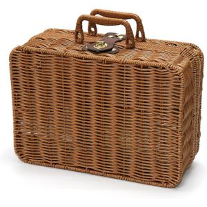 Mini Wicker Picnic Basket, Decorative Prop Suitcase Vintage Storage Hamper Makeup Organizer, 11.5" Metal Lock Plastic Rattan Storage Box with Handles for Sundries Travel Camping and Outdoor Party (L) (Brown)