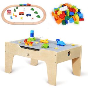 Kid's Multi-Purpose Activity Play Table with 60 Big Building Bricks and 30-Piece Wooden Train Set for Toddlers(Big-peg Baseplate Version)