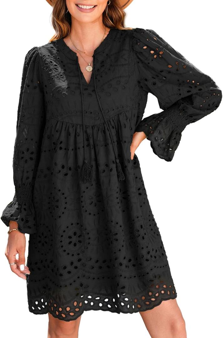 Dokotoo Womens 2024 Casual Dress Tassel V Neck Long Sleeve A Line Hollow Out Lace Ruffle Party Dresses (Medium)