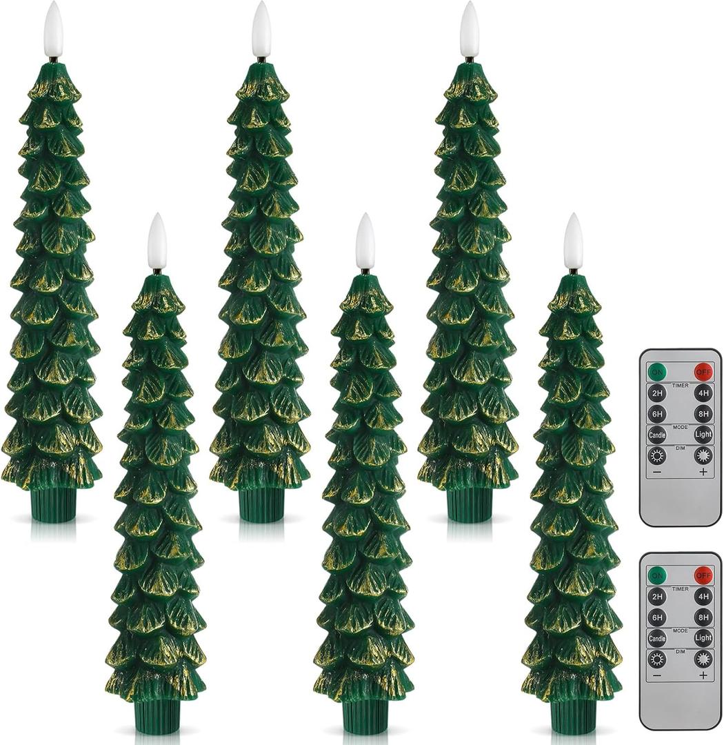 Funtery 6 Pcs LED Christmas Tree Flameless Taper Candles Real Wax Battery Operated Candlestick Lights with 3D Flame and Remote Timer Window Fireplace(Gold Edge,Christmas Tree)