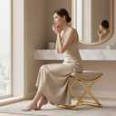CHSSIH Vanity Stool Chair for Makeup - Small Backless Leather Stool for Vanity - Modern Ottoman Bench Seat with Metal X Legs, Footstool for Bathroom & Living Room - Gold