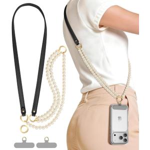 Pcgaga Leather Pearl Phone Lanyard for Cellphone Case, Phone Strap Crossbody for Women's Case, Fashion Durable Skin-Friendly