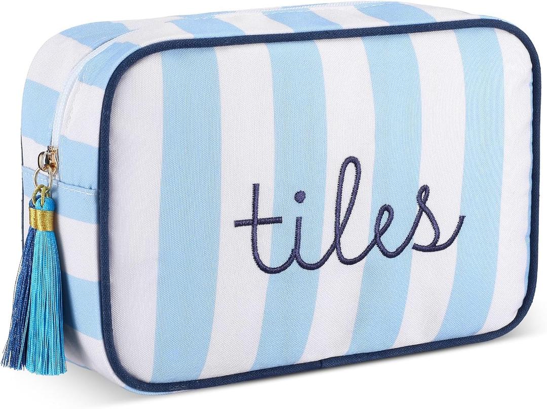 Sanwuta Mahjong Tile Bag with Zipper, Striped Embroidered Mahjong Storage Pouch Mah Jong Bags for Tiles Board Game Pieces Game Party Travel Gatherings Accessories(Blue,Classic)