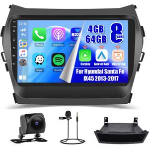 Hikity for Hyundai Santa Fe IX45 2013-2017 Radio, 8 Core 4+64GB Android 13 Car Stereo 9 Inch IPS Touchscreen Car Radio with Wireless Carplay Android Auto 59UI GPS WiFi 32EQ DSP Backup Camrea