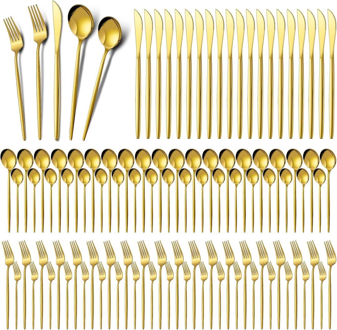 Amyhill 400 Pcs Gold Stainless Steel Utensils Set Party Tableware Flatware Set for 80 Guests Reusable Dinner Cutlery Utensils Tableware for Wedding Anniversary Party Home Restaurant