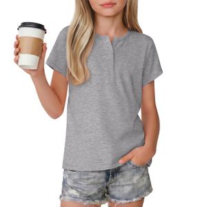 Vinsatin Girl's Short Sleeve Shirts Henley Round Neck Button up Tops Loose Fit Summer Basic Tees(5-6 Years,Light Mixed Gray)