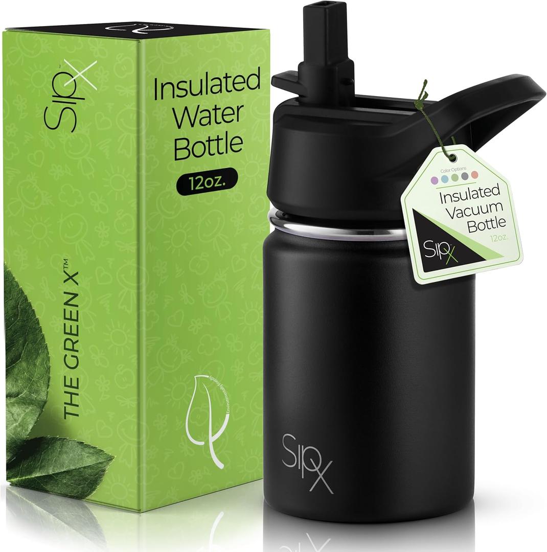 SIPX Insulated Kids Water Bottles 12oz. With Straw Lid, BPA-Free Reusable Insulated Toddler Water Bottle Keeps Cold 24 Hours, Metal Water Bottle Kids Made Of Sustainable Material (Black)