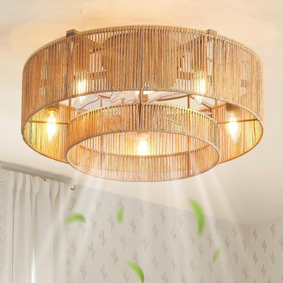 (Similar) 20'' Rattan Boho Ceiling Fan with Light, Enclosed Caged Ceiling Fans with Lights and Remote Control, Coastal Flush Mount with Reversible 6 Speeds for Living Room Bedroom Kitchen