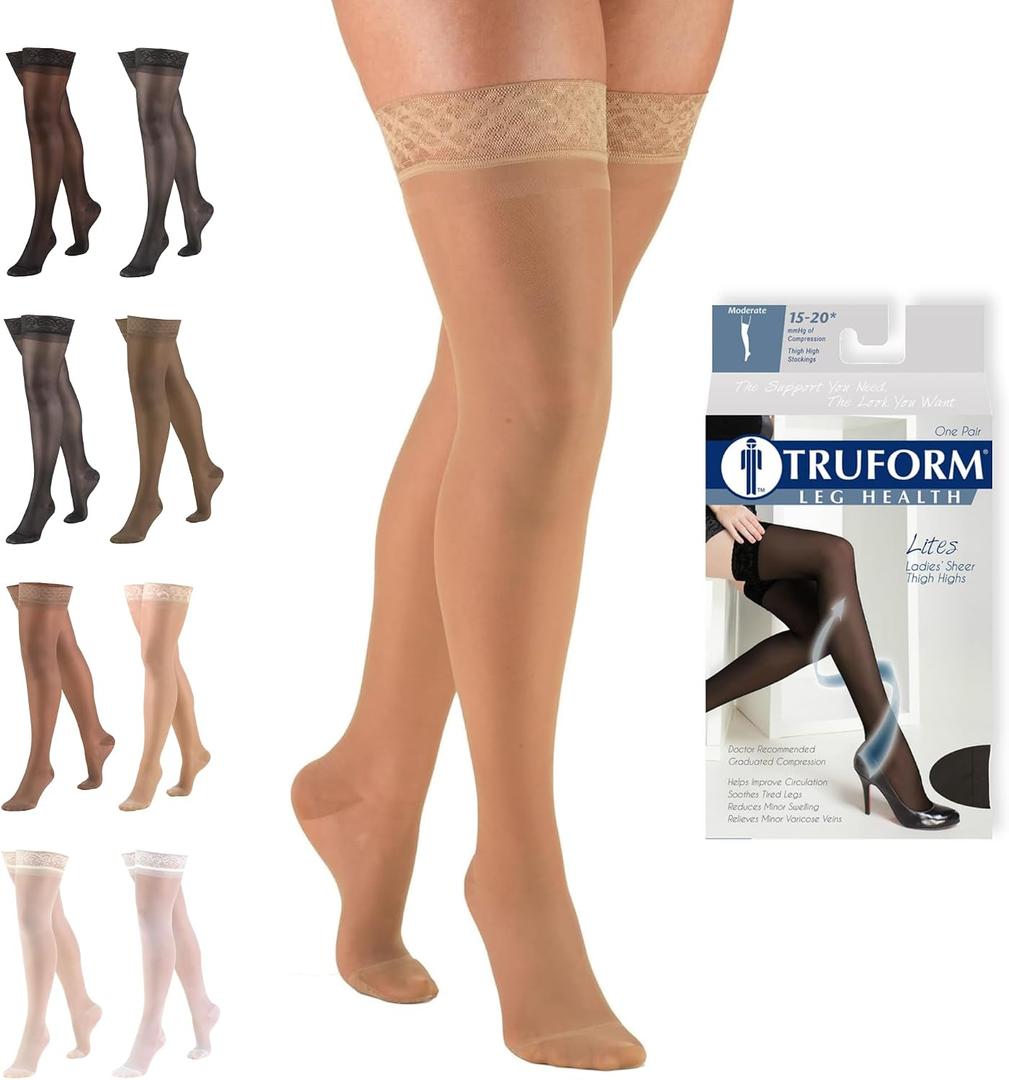 Truform Sheer Compression Stockings, 15-20 mmHg, Women's Thigh High Length, 20 Denier, Beige, Large