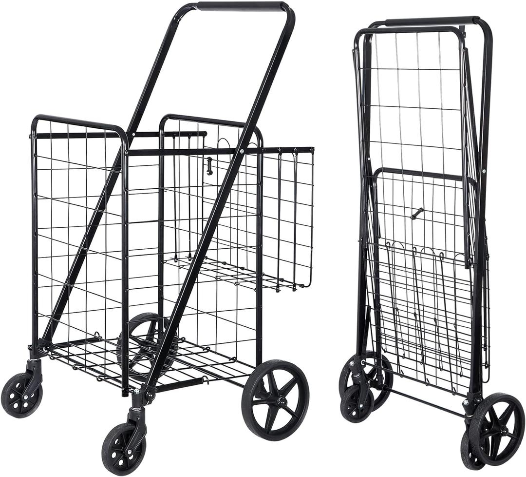 SUPER DEAL Folding Shopping Cart with Wheels and Double Basket for Groceries Laundry Book Luggage Travel, Black