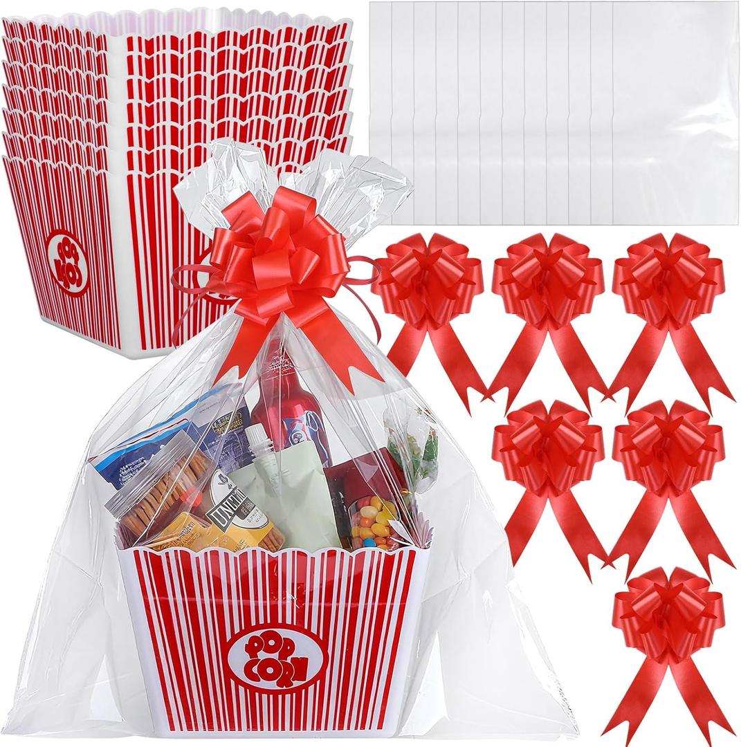 Engrowtic 6 Pack Movie Night Gifts Baskets Plastic Popcorn Box Containers with Bags and Bows for Holiday Movie Lover Teacher Appreciation Birthday Party Favors DIY Kits