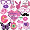 Y2K & 2000s Party Decorations Photo Booth Props Kit, Pink & Purple, Cardboard & Bamboo, 16 Themed Props, Y2K & 2000s Birthday Party Favors & Supplies