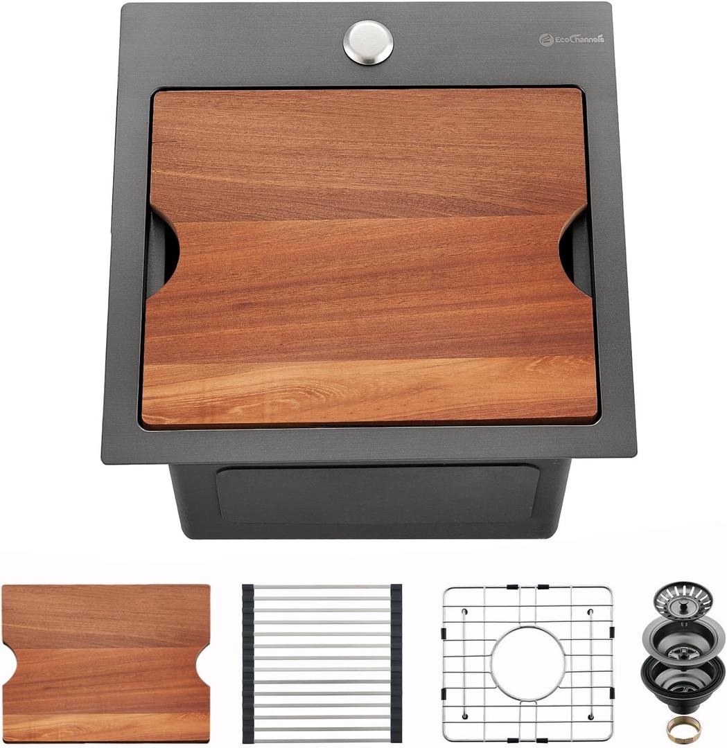 Kitchen Sink, 15 x 15 x 10 inch Kitchen Sinks Small Bar Prep Sink 16 Gauge Gunmetal Black Drop in Kitchen Sink Single Bowl Workstation Sink with Cutting Board