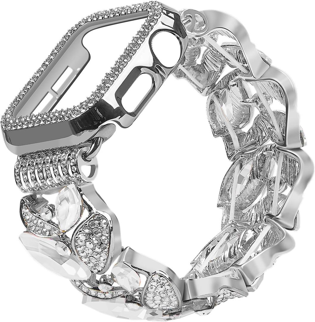 VIQIV Bling Dressy Bracelet with Case Compatible with Apple Watch Bands 38/40/41/42/44/45/49mm for Women Strethy, Cute Slim Metal Wristband Strap for iWatch Ultra 2/Ultra Series 9/8/7/6/5/4/3/2/1/SE (Silver)