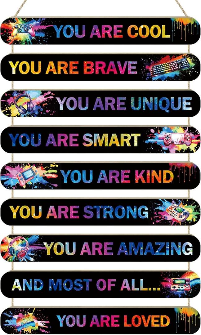 MONALET Gaming Gamer Inspirational Wall Decor for Boys Kids Game Room Playroom Office Nursery, You Are Loved Hanging Wooden Signs Decorations, Positive Affirmations Wall Art Wood Plaque 9Pcs 12x19