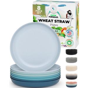 Grow Forward Premium Wheat Straw Plates - 10 Inch Reusable Hard Plastic Dinner Plates Set of 8 - Unbreakable Microwave Safe Plates for Dessert, Camping, RV, Outdoors, Patio, Kitchen Dishes - Seascape