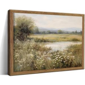 Framed Spring Wildflower Canvas Wall Art, Vintage Farmhouse Floral Print, Neutral Botanical Pictures Wall Decor, Rural Scenery Paintings Artwork for Living Room Bedroom 16x24 inch
