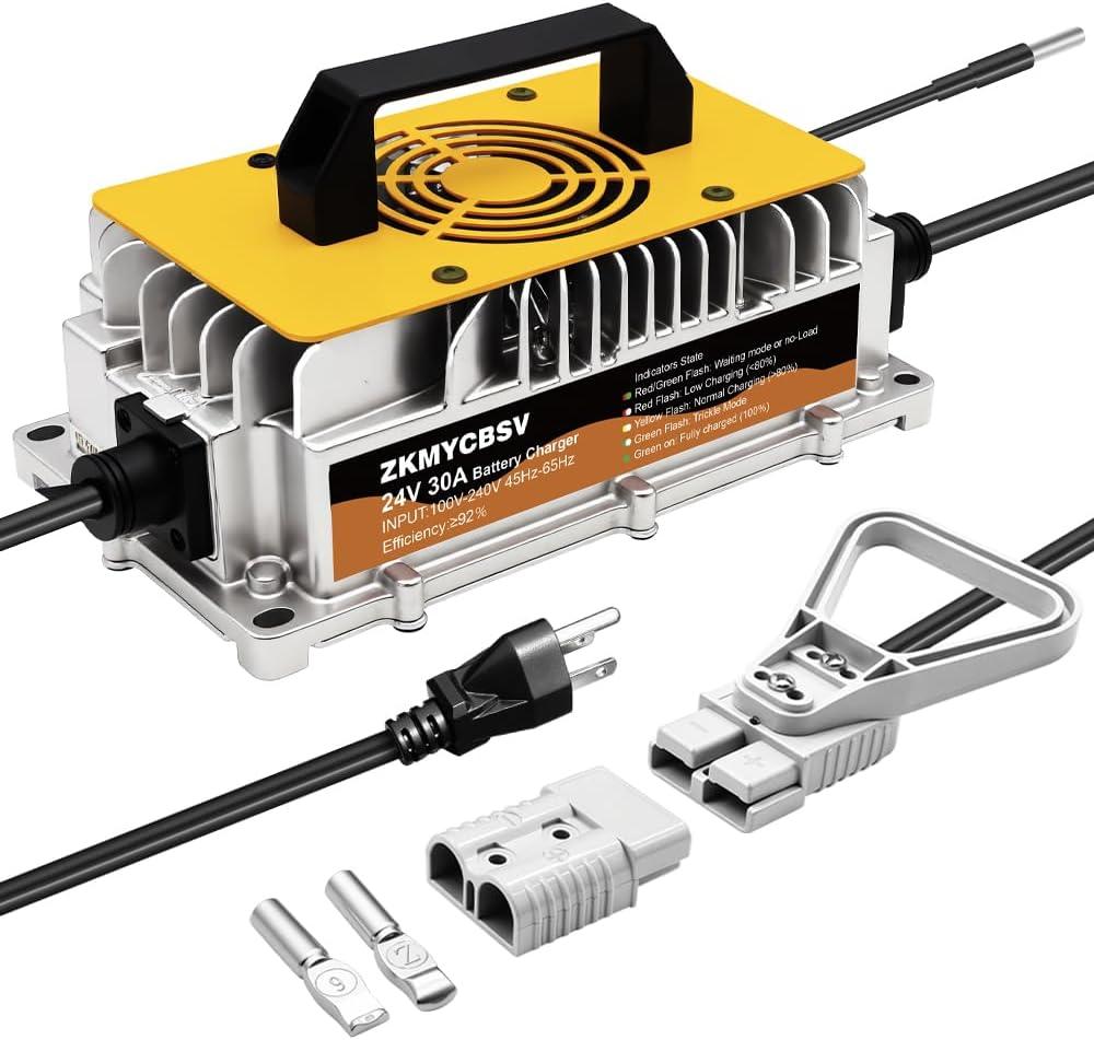 24V 30A Forklift Battery Charger, 24V 30A Smart Trickle Charger, 24 Volt Battery Charger for Lead-Acid/AGM/Gel Batteries, Suitable for Sicorssors Lift, Pallet Jack, Lawn Mower, Floor Scrubberb