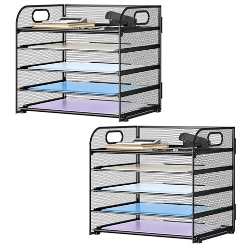 Kinkota Paper Organizer Letter Tray with Handle Mesh 5 Trays Desk File Organizer Paper Sorter Desk Organizer for Office, Home or School-Black 2 Pack