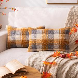 Yellow Plaid Fall Throw Pillow Covers 12x20 Inch Set of 2, Boucle Decorative Pillow Covers, Cozy Fluffy Home Living Room Farmhouse Decor for Sofa Couch Bed