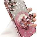 Magnetic Kickstand Glitter Case for iPhone 16 Plus,[Compatible with MagSafe] Cute Bling Sparkly Diamond Butterfly with Camera Protector Makeup Mirror Women Girls Case for iPhone 16 Plus, Pink