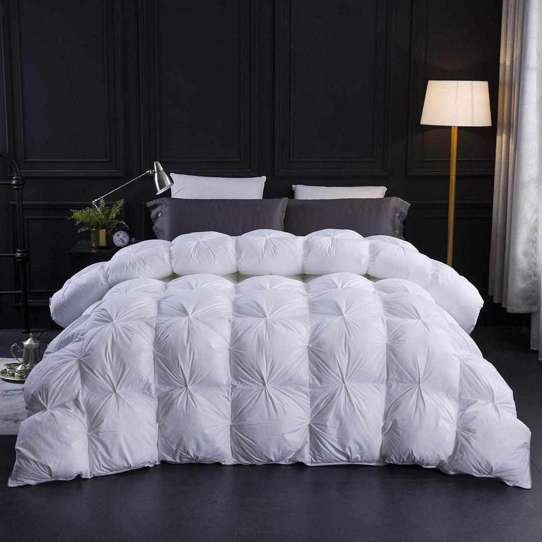 Three Geese Pinch Pleat Waterfowl Feathers Down Comforter King Size Duvet Insert, 1200TC 100% Cotton Fabric, Premium All Seasons White Hotel Warm Comforter with 8 Tabs. (White Twisted Flower)