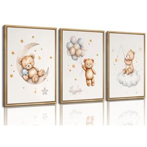 3Pcs Teddy Bear Nursery Wall Art Bear Sleeping on The Moon and Stars Wall Decor Pictures Balloon Cloud Neutral Canvas Poster Prints for Kids Baby Room Kindergarten Home Decoration 12x16in Unframed