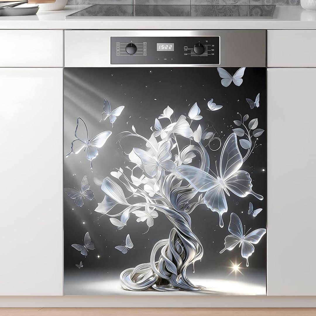 Dishwasher Magnet Sticker Cover: Panel Decal Decorative for Kitchen Decoration, 23"x26" Home Appliances Decor Stickers Panel Decor (Butterfly and Tree)