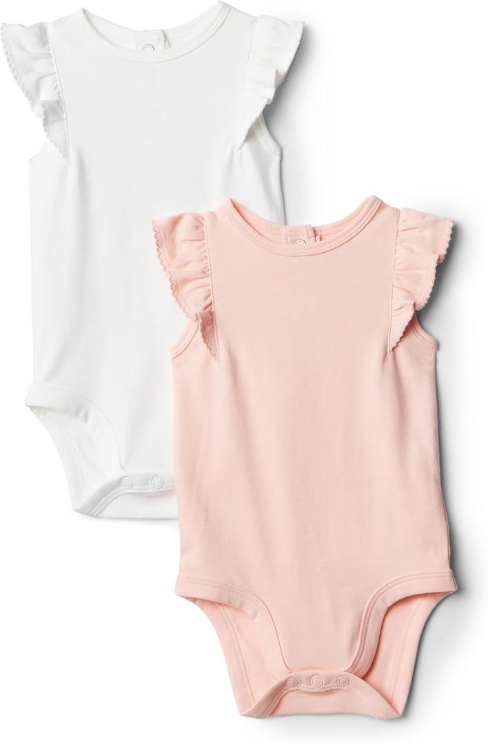 Amazon Essentials x Sofia Grainge Baby Girls' Cotton Ruffle Sleeve Bodysuit with Embroidered Detail, Pack of 2 (3-6 Months, Light Pink/White)
