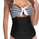 Tempt Me Women Sexy Cutout One Piece Swimsuits Tummy Control High Waisted Halter Front Tie Knot Bathing Suit (Black Striped) M