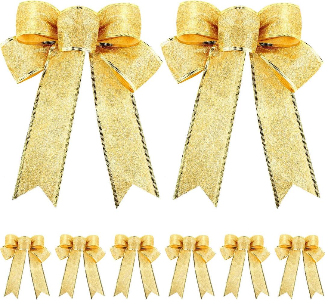 10 Pieces Glitter Christmas Tree Bow Ribbon Bows Christmas Tree Hanging Ornaments for Holiday Christmas Decorations (Gold)