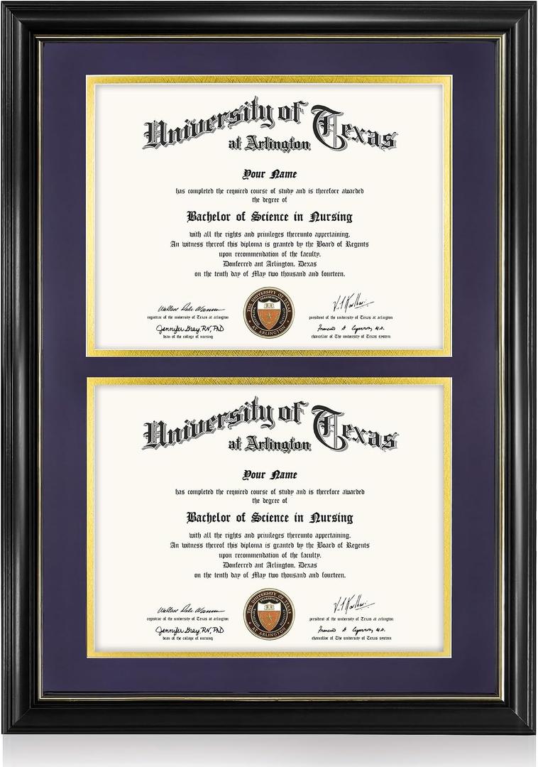 GraduationMall Double 8.5x11 Diploma Frame,Solid Wood & Tempered Glass,Black Finish with Gold Trim,Purple & Gold Mat