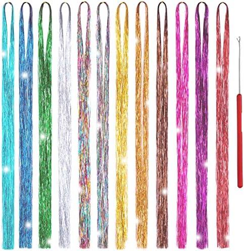 Hair Tinsel Kit 12 Colors, 2500 Strands 48 Inches Sparkling Tinsel Hair Extensions with Tool, Fairy Hair Tinsel for Birthday Halloween Christmas New Year Party