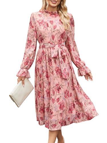 ANRABESS Women's Floral Chiffon Midi Dress Puff Long Sleeve Mock Neck Summer Wedding Guest Party Dresses Fall 2026 Outfits Pink Red Rose, Large