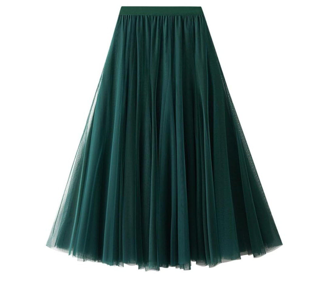 Women's High-Waisted Pleated Skirt with Elastic Waist Slim Midi Skirt Long Skirt with Two Layers of Mesh One Size