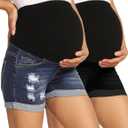 V VOCNI Maternity Denim Shorts Women's Summer High Waist Distressed Cuffed Hem Casual Denim Jeans Short (Large)