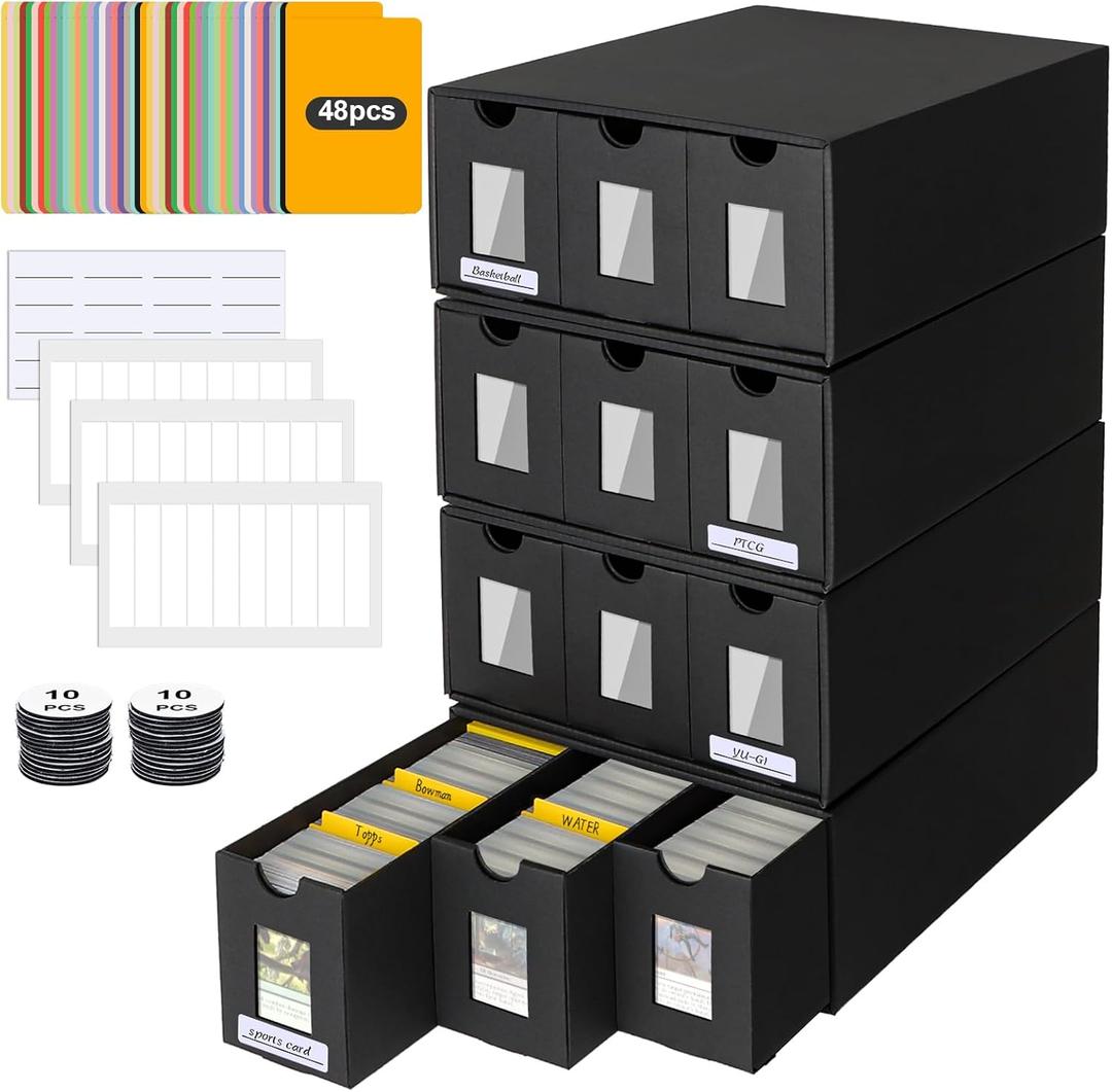 12000+ Trading Card Storage Box for Commander Display, Card Deck Box Cardboard with 48 Dividers, Labels & Tapes, Trading Card Collection Box Fit for TCG, PTCG, MTG and Sport Cards