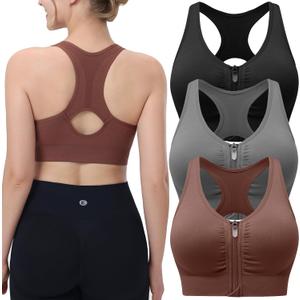 Evercute Women's Zip Front Sports Bras Wireless Padded Racerback Medium Support Post-Surgery Bra Yoga Exercise Athletic Bras (Black Gray Brown 3 Pack)