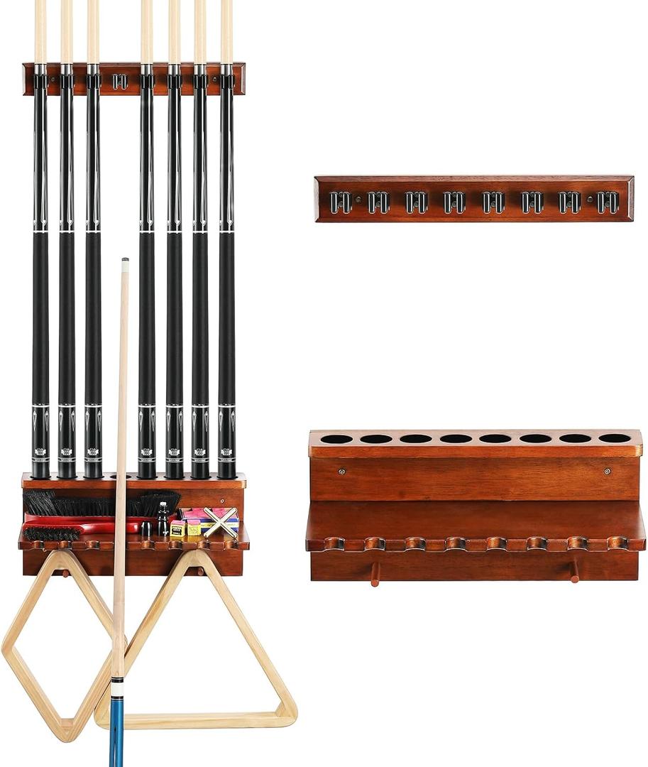 Wall Mount Pool Stick Holder - Billiards Pool Cue Rack Hardwood Pool Cue Set Holder for 8 Cues Sticks Storage Pool Table Accessories Equipment Organizer (Brown)