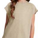 Girls Oversized T Shirts Kids Summer Tops Crewneck Cute Cap Sleeve Tee Trendy Athletic s Teen Shirts Clothes 2025 (Khaki)