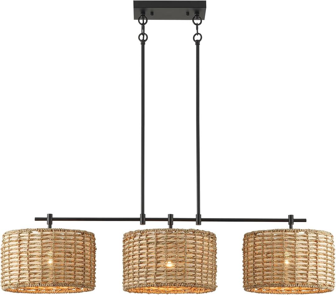 41" Chandelier Woven Rattan Light Fixture with 3 Wicker Lampshades, Large Linear Boho Chandeliers Drum Pendant Lights Kitchen Island